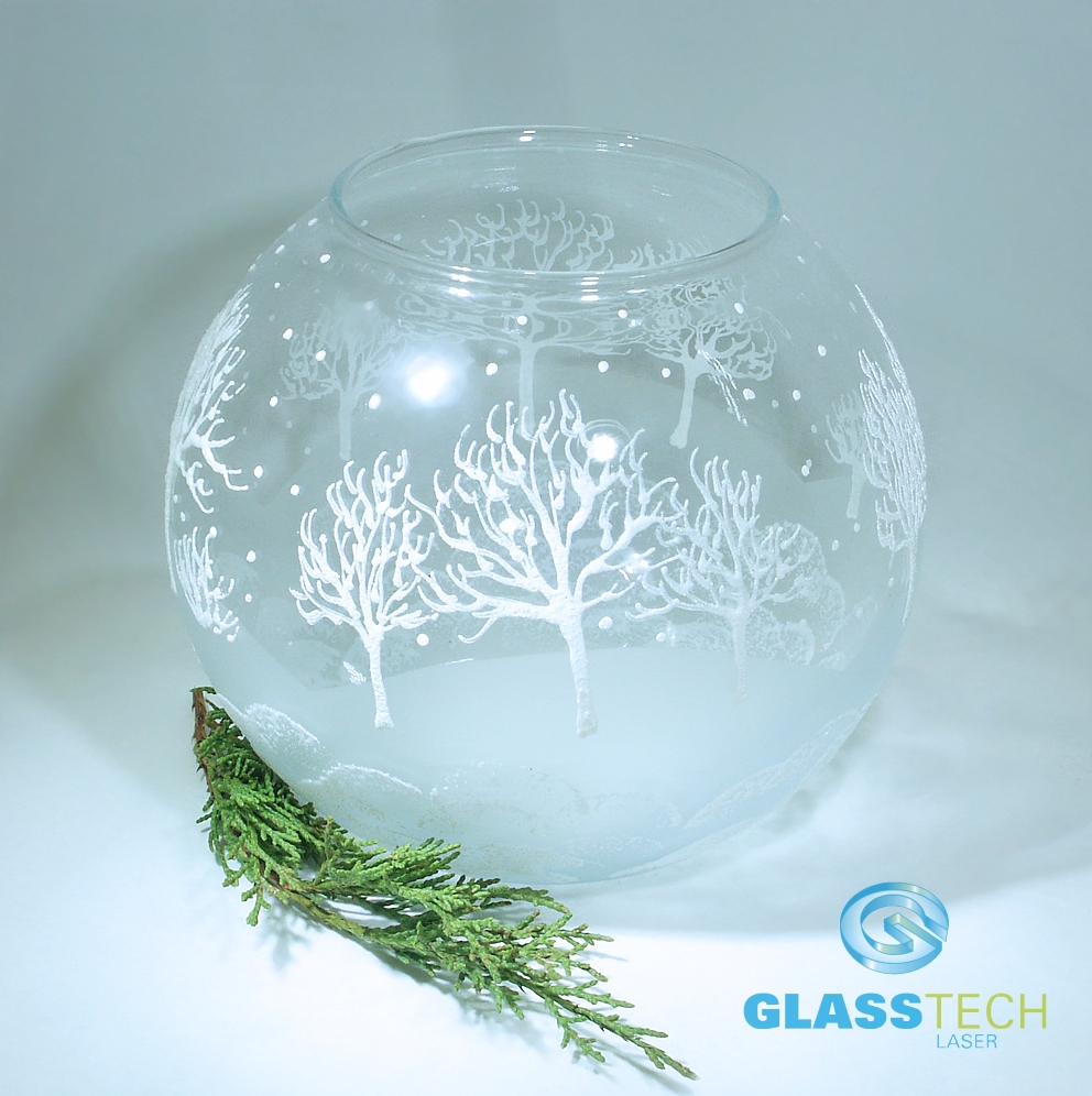 Skleněný svícen - akvárium střední s bílými stromy